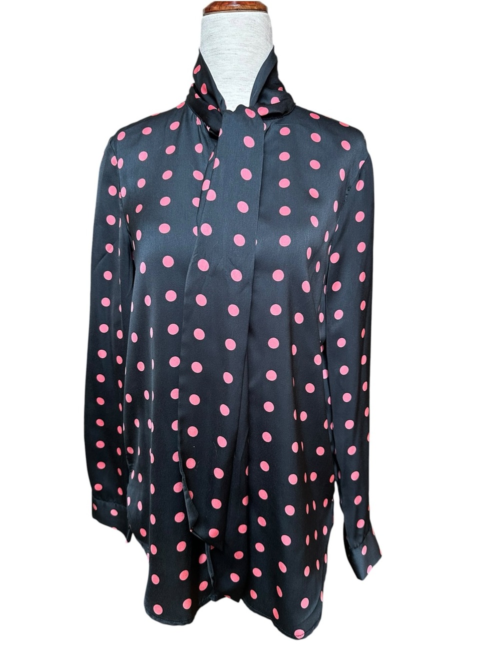 Zara Black Blouse with Pink Polka Dots and Neck Tie, XS